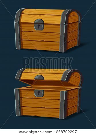 Opened Pirate Chest And Closed Wooden Crate, Set Of Isolated Isometric Dower For Gold And Treasure, 