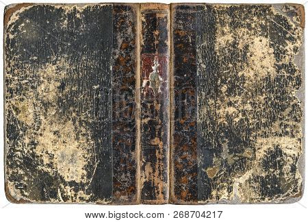 Old Open Book Cover With Worn Cracked Leather Spine And Grunge Paper Boards (circa 1862), Isolated O
