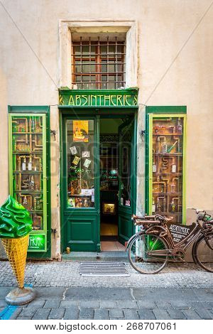 Prague, Czech Republic - September 28, 2014: Front Street View Of A Green Decorative Liquor Store Se