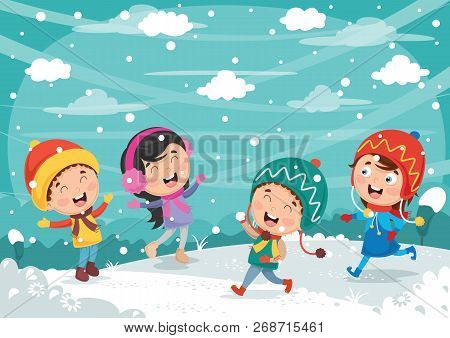 Vector Illustration Of Winter Scene And Cute Kids