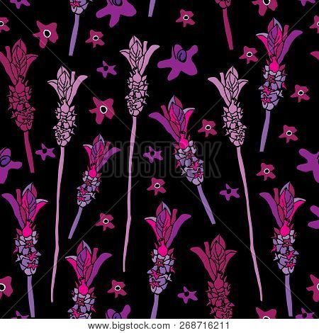 French Lavender-love In Parise Seamless Repeat Pattern On Black Background . Light Pink And White Co