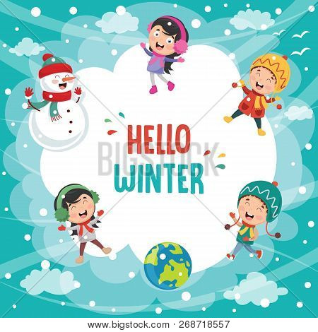 Vector Illustration Of Winter Scene And Cute Craracters
