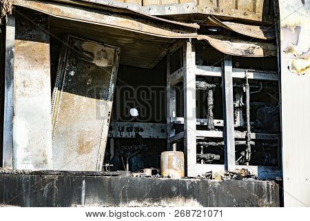 Damaged Supermarket Boiler Room With Ventilation, Turbine, After Arson Fire With Burn Black Dark Deb