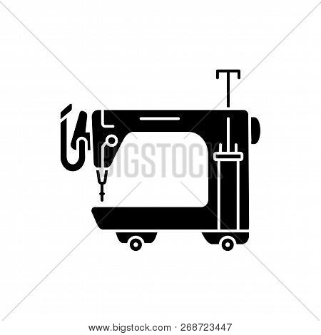 Black & White Vector Illustration Of Long Arm Quilting Machine. Flat Icon Of Equipment For Quilters.
