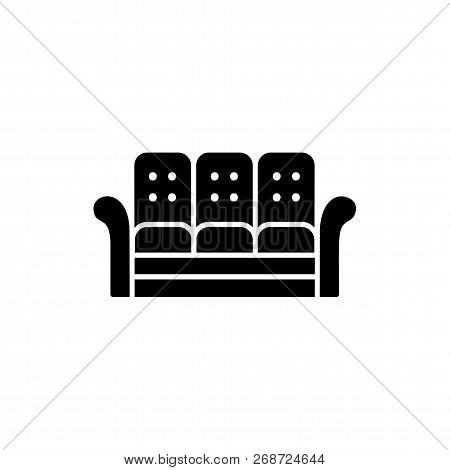 Black & White Vector Illustration Of Recliner. 3 Seaters Sofa. Flat Icon Of Leather Settee. Modern H