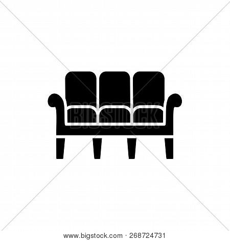Black & White Vector Illustration Of 3 Seaters Sofa. Flat Icon Of Settee. Modern Home & Office Furni