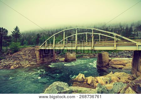 Bridge Over Mountain River, Norwegian Landscape. Cloudy Foggy Day, Rainy Weather. Saltfjellet - Svar