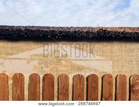 Burlap Texture Background . Outdoor Wooden Gazebo Over Summer Landscape Background . The Place For A