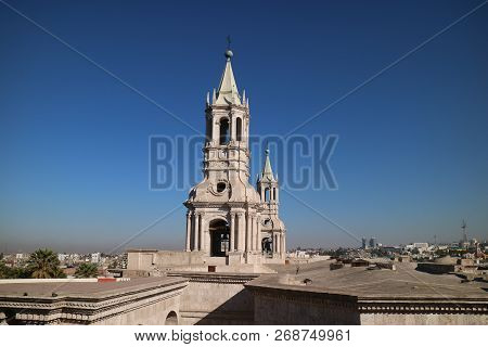 Gorgeous Bell Tower Of Basilica Cathedral Of Arequipa Made From Local White Volcanic Stone Or Sillar