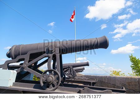Quebec City, Canada - Aug 22, 2012: Historic Cannons At The Ramparts Of Old Quebec City Date Back To