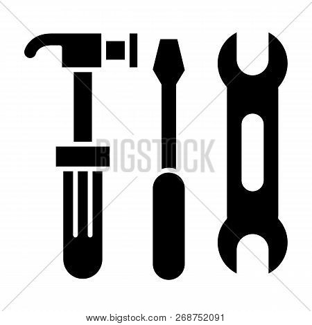 Hammer, Wrench And Screwdriver Solid Icon. Repair Vector Illustration Isolated On White. Work Tools 