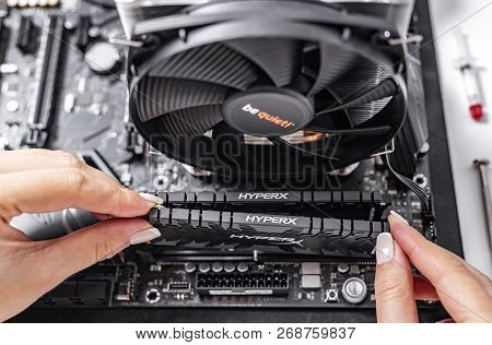Uzhgorod, Ukraine - October 25, 2018: Installing Random Access Memory Kingston Ddr4 Hyperx Predator 