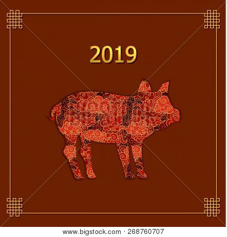Vector Chinese New Year Symbol Card, Golden And Red Colors Illustration, Pig 2019 Year, Chinese Clou