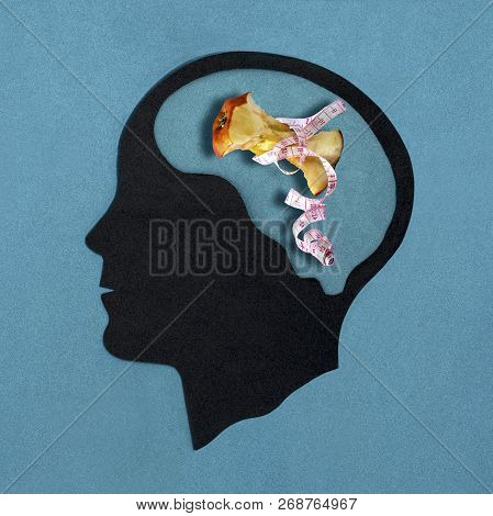 Stylized Head Silhouette. Brain With Apple Stub In Measuring Tape. Pathological Food Restriction. An