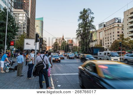 Santiago, Chile - March 27, 2015: Traffic On Avenida Libertador Bernardo Ohiggins Avenue In Santiago