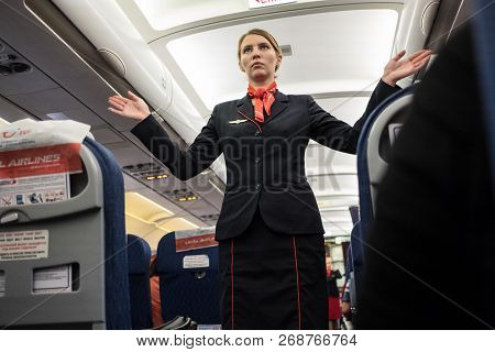 St. Petersburg, Russia- October 8, 2018: A Flight Attendant Of The Airline 