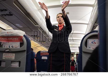 St. Petersburg, Russia- October 8, 2018: A Flight Attendant Of The Airline 