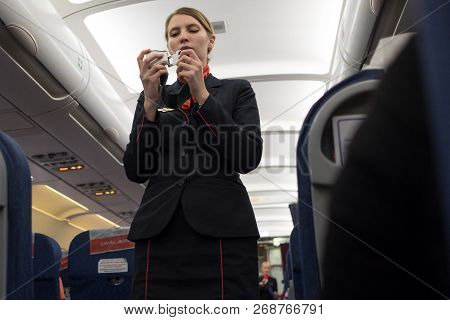 St. Petersburg, Russia- October 8, 2018: A Flight Attendant Of The Airline 