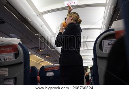 St. Petersburg, Russia- October 8, 2018: A Flight Attendant Of The Airline 