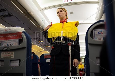 St. Petersburg, Russia- October 8, 2018: A Flight Attendant Of The Airline 