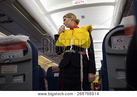 St. Petersburg, Russia- October 8, 2018: A Flight Attendant Of The Airline 