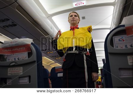 St. Petersburg, Russia- October 8, 2018: A Flight Attendant Of The Airline 