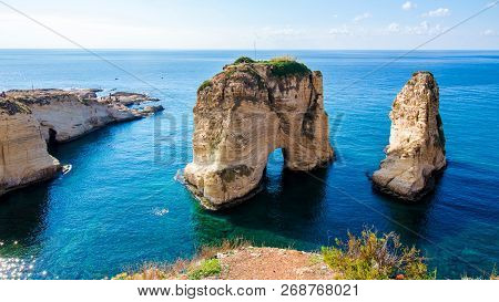 Pigeon Rocks At Raouche In Beirut, Lebanon, A 60-meter High Offshore Rock Couple