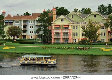 Orlando, Florida ; July 29, 2018 Colorful Victorian Style Buildings In Lake Buena Vista. Hotel Trans