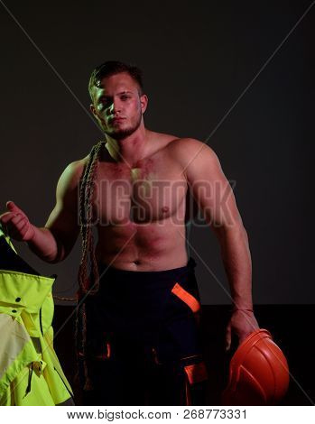 Handsome And Handy. Hard Worker With Muscular Sexy Torso. Construction Worker Or Builder. Muscular M