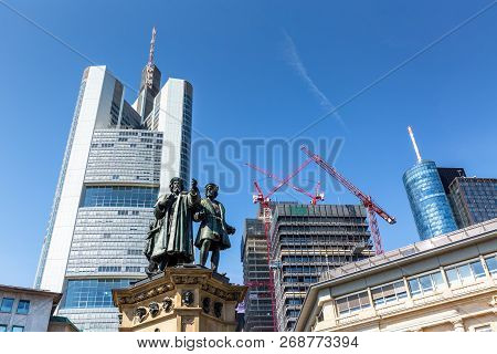 Frankfurt, Germany, June 28 - 2018, Monument Of Johannes Gutenberg In Frankfurt Downtown, In Front O