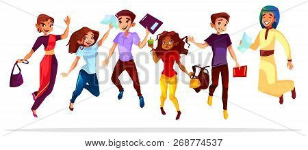 College Or University Students Illustration Of Classmates Different Nationalities Jumping Up. Happy 