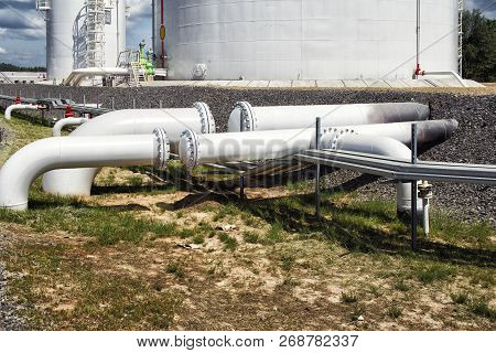 Steel Fuel Pipes And Valves At The Oil Refinery