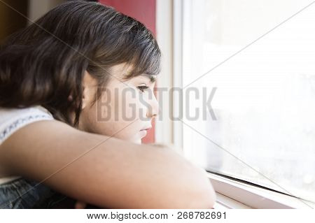 Nice Little Girl By The Window Feel Sad