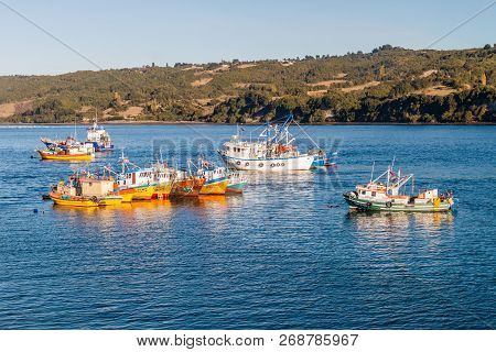 Dalcahue, Chile - March 21, 2015: Fishing Boats In Dalcahue Village, Chiloe Island Chile