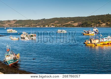 Dalcahue, Chile - March 21, 2015: Fishing Boats In Dalcahue Village, Chiloe Island Chile