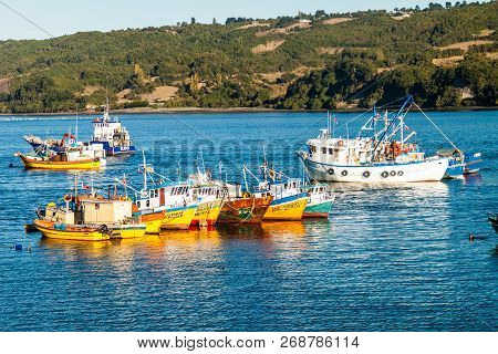 Dalcahue, Chile - March 21, 2015: Fishing Boats In Dalcahue Village, Chiloe Island Chile