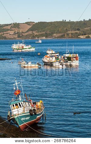 Dalcahue, Chile - March 21, 2015: Fishing Boats In Dalcahue Village, Chiloe Island Chile
