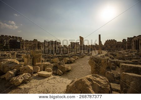 Ruins Of Jupiter Temple And Great Court Of Heliopolis In Baalbek, Bekaa Valley Lebanon