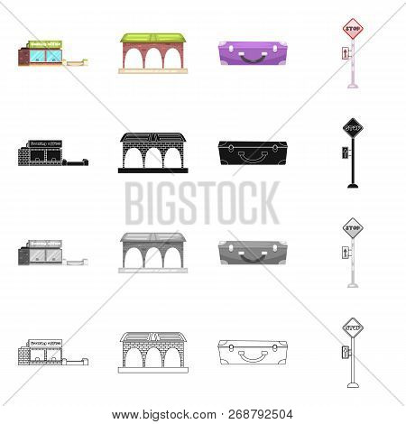 Vector Illustration Of Train And Station Sign. Set Of Train And Ticket Stock Symbol For Web.