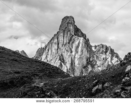 Passo Giau With Mount Gusela On The Background, Dolomites, Or Dolomiti Mountains, Italy