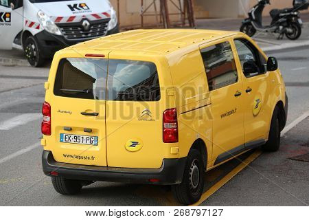 Roquebrune-cap-martin, France - November 14, 2018: La Poste Yellow Parcel Delivery Service Van (citr