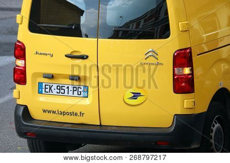 Roquebrune-cap-martin, France - November 14, 2018: La Poste Yellow Parcel Delivery Service Van (citr