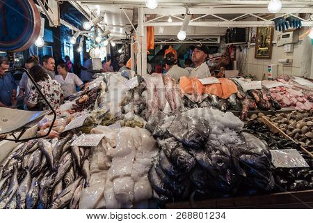 Santiago, Chile - March 28, 2015: Fresh Fish And Seafood On Mercado Central Market In The Center Of 