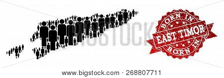 People Crowd Combination Of Black Population Map Of East Timor And Unclean Seal. Vector Red Seal Wit