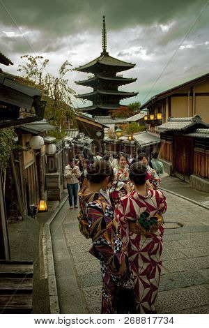 Kyoto Japan - November9,2018 : Japanese Woman Wearing Kimono Old Traditon Clothes Taking Photograph 