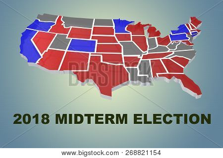 3d Illustration Of 2018 Midterm Election Script Under An Embossment Of The United States Of America