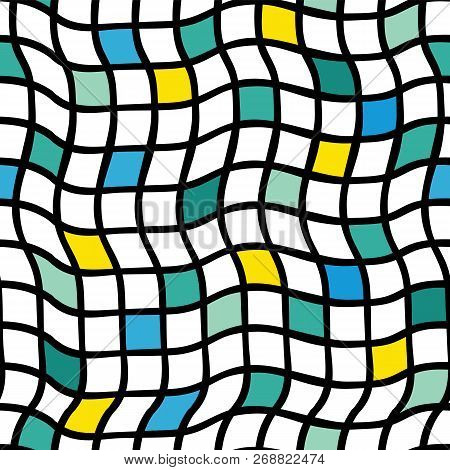 Rregular Handdrawn Plaids. Vector Seamless Pattern. Black Grid With Yellow, Blue, Green, And Lime Co