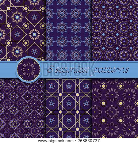 Vector Set Of Decorative Ornamental Seamless Patterns. Collection Of Patterns In Eyllow And Dark Pur