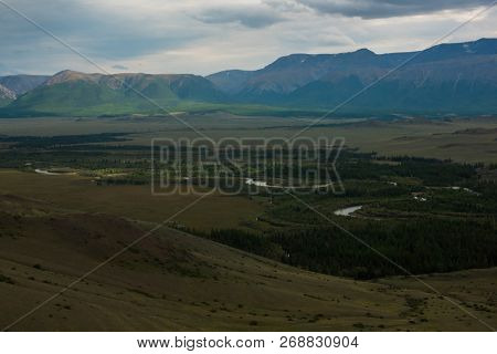 Autumn in Kurai steppe and North-Chui ridge of Altai mountains, Russia.