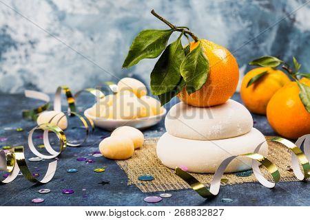 Traditional Japanese Kagami Mochi For New Year Celebration. Sweet Rice Cakes For Luck In New Year